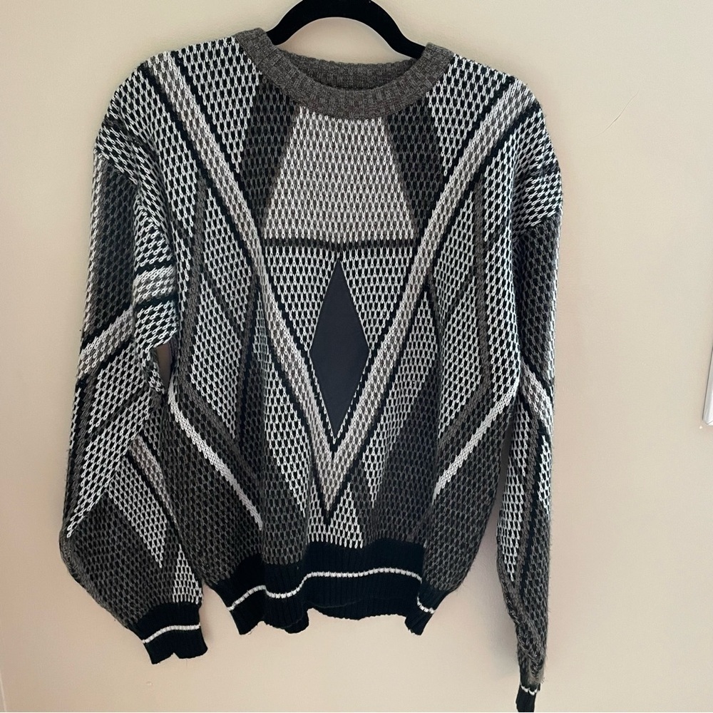 Doroic Vintage 80’s Mens Argyle Crewneck Sweater With Faux Leather Size M